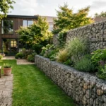 Gabion stone wall used as a stylish feature in a residential backyard