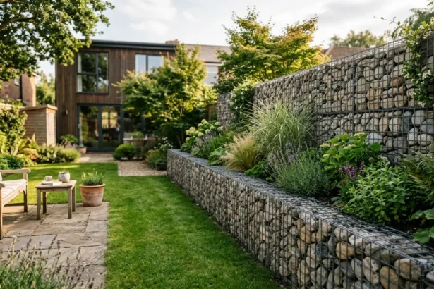 Gabion stone wall used as a stylish feature in a residential backyard