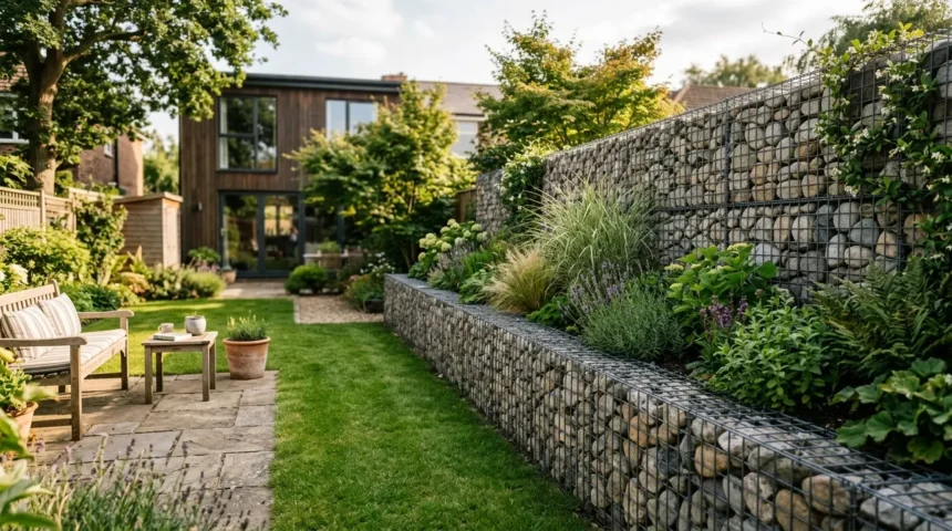 Gabion stone wall used as a stylish feature in a residential backyard