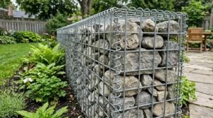 Close-up of a gabion wall showing the wire basket and stone construction