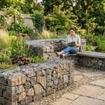 Stone-filled welded gabion basket beside garden planting