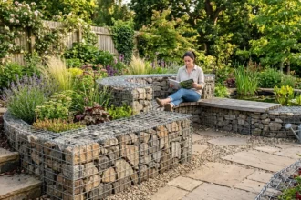Stone-filled welded gabion basket beside garden planting