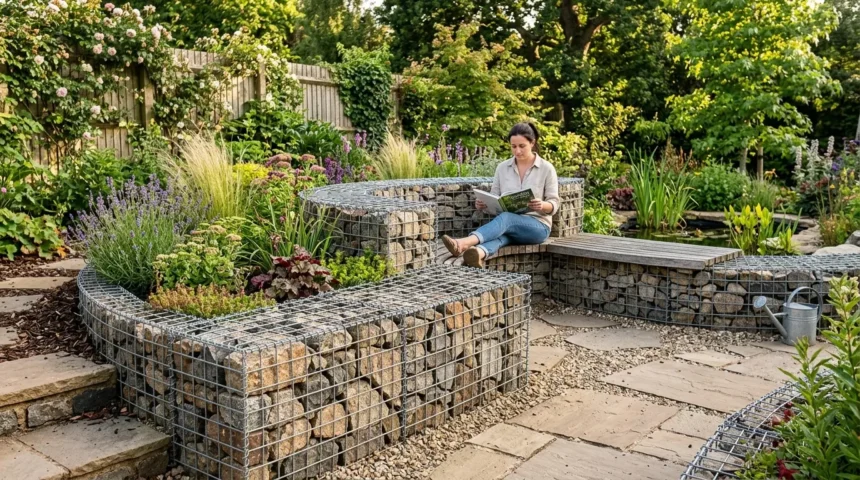 Stone-filled welded gabion basket beside garden planting